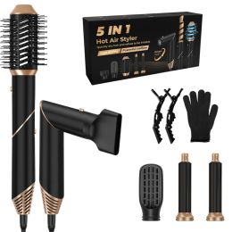 1Pc 5 In 1 Hot Air Styler Straightener Curler Dryer Automatic Wrap Styler Hair Dryer Brush Set With 3 Temp Settings ALCI Plug Glove Cable Tie 2 A (Option: Black)