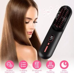 Cordless Negative Ion Hair Straightener Brush Rechargeable Mini Styling Comb With 12 Heating Levels Anti-scald 30S Preheating 30Mins Auto Sleep L (Option: Black)