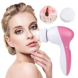 Waterproof Facial Cleansing Brush Face Spin Cleaning Brush Scrubber With 5 Brush Heads For Women (Option: Pink)