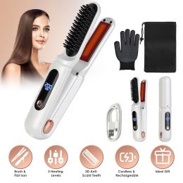 2 In 1 Ceramic Hair Straigh2 In 1 Ceramic Hair Straightener Flat Iron Cordless Htener Flat Iron Cordless Hair Straightener Brush Hair Portable St (Color: White)